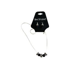Bay Studio Silvertone and Black Gem Necklace and Earrings Set NWT